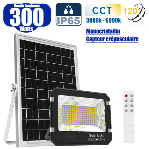 Projecteur LED solaire  Série AJUST V3 - CCT (Couleur Changeante en Température ) - Rendu lumineux 300 Watts - 1400 Lumens - 120° - IP65 - Projecteur 26 x 21 x 5 cm - Panneau MONOCRISTALLIN 30 x 21 x 2 cm - Avec télécommande - Avec capteur crépusculaire