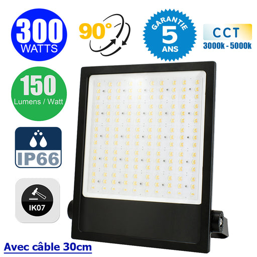 Projecteur LED filaire - CITY PLUS V3 - 300W - CCT 3000k/4000k/5000k - 45 000 Lumens - 150 Lumens/Watt - Angle 90° - IP66 - Protection à l'impact IK07 - 48 x 34 x 6 cm - Structure en ALUMINIUM - Câble 30cm - Garantie 5 ans