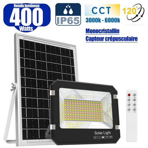 Projecteur LED solaire  Série AJUST V3 - CCT (Couleur Changeante en Température ) - Rendu lumineux 400 Watts - 2800 Lumens - 120° - IP65 - Projecteur 36 x 30 x 5 cm - Panneau MONOCRISTALLIN 39 x 30 x 2 cm - Avec télécommande - Avec capteur crépusculaire