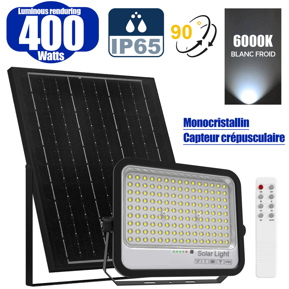 Projecteur LED solaire - Série PERFORMANCE - 400 Watts - 2100 Lumens - Angle 90° - IP65 - Lampe 25 x 20 x 5 cm - Panneau solaire 39 x 23 x 2 cm - MONOCRISTALLIN FULL BLACK - Télécommande - Capteur crépusculaire  - 6000k