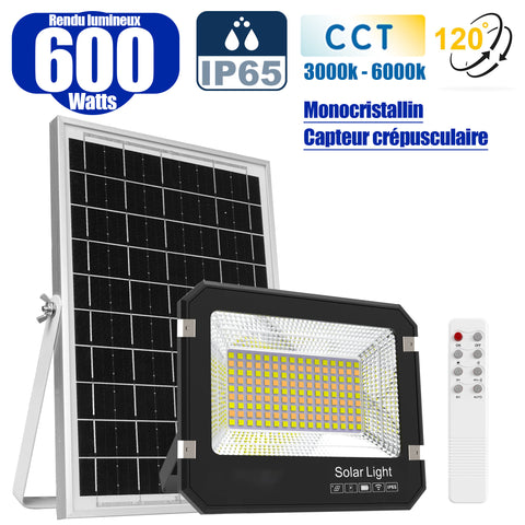 Projecteur LED solaire  Série AJUST V3 - CCT (Couleur Changeante en Température ) - Rendu lumineux 600 Watts - 4100 Lumens - 120° - IP65 - Projecteur 36 x 30 x 5 cm - Panneau MONOCRISTALLIN 39 x 36 x 2 cm - Avec télécommande - Avec capteur crépusculaire