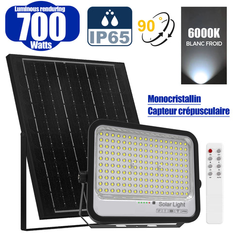 Projecteur LED solaire - Série PERFORMANCE - 700 Watts - 4000 Lumens - Angle 90° - IP65 - Lampe 32 x 26 x 5 cm - Panneau solaire 43 x 39 x 2 cm - MONOCRISTALLIN FULL BLACK - Télécommande - Capteur crépusculaire  - 6000k