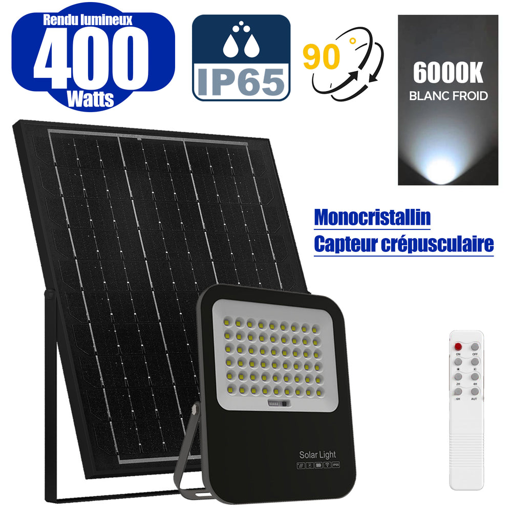 Projecteur LED solaire - Série BIG BOY V3 - 400 Watts - 2100 Lumens - 90° - IP65 - Lampe 28 x 23 x 5 cm - Modèle NOIR - Panneau solaire MONOCRISTALLIN FULL BLACK 39 x 30 x 2 cm - Télécommande - 6000k - Structure ALUMINIUM