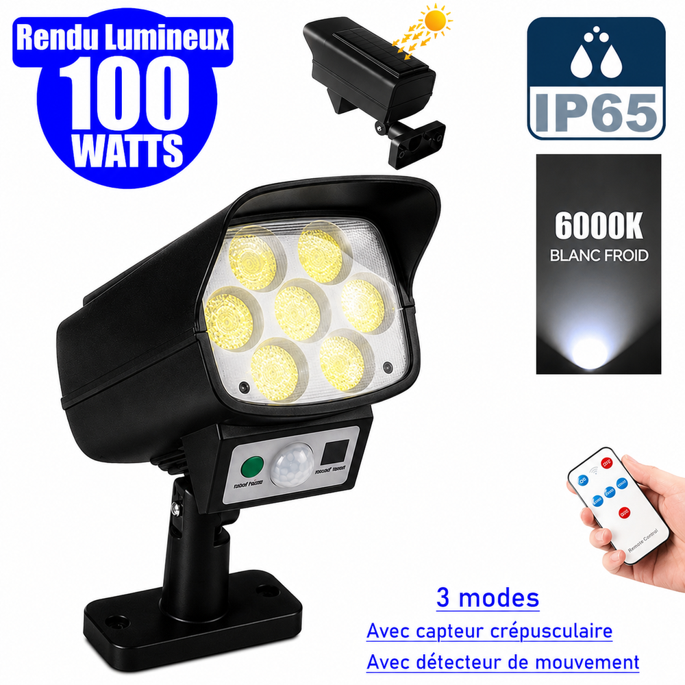 Projecteur LED solaire de sécurité - Série ILLUSION BLACK – Rendu lumineux 100 Watts - IP65 - 16 x 15 x 9 cm - 3 modes - Télécommande - Avec détecteur de mouvement – Fonction détection 0-100% - Avec capteur crépusculaire - 6000k