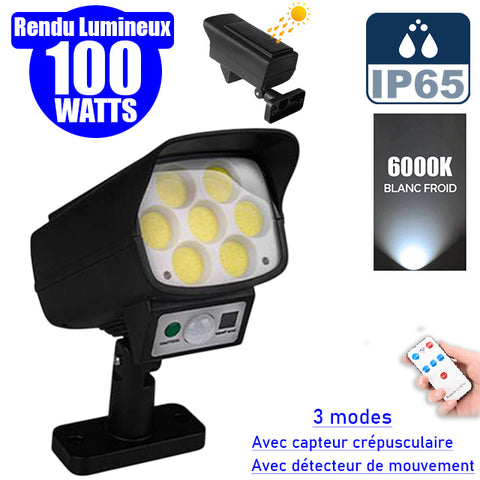 Projecteur LED solaire de sécurité - Série ILLUSION BLACK – Rendu lumineux 100 Watts - IP65 - 195 x 104 x 90 mm - 3 modes - Télécommande - Avec détecteur de mouvement – Fonction détection 0-100% - Avec capteur crépusculaire - 6000k
