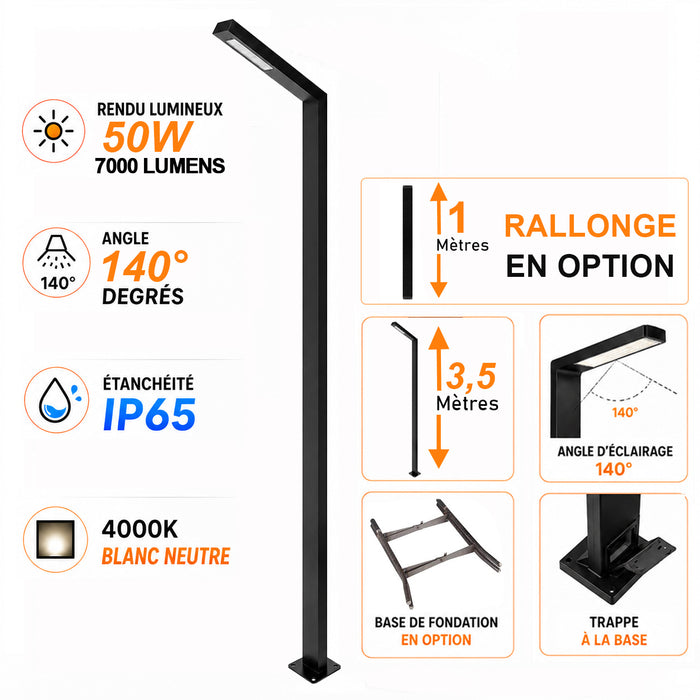 Lampe de rue / jardin filaire - Série MODERNA 50 - 50 Watts - 7000 Lumens - 140 Lumens/Watt - Angle 140° - IP65 - Hauteur 3,5 mètres - 350 x 65 x 12 cm - 4000K - Avec trappe - Base de fondation et rallonge 1 mètre en option