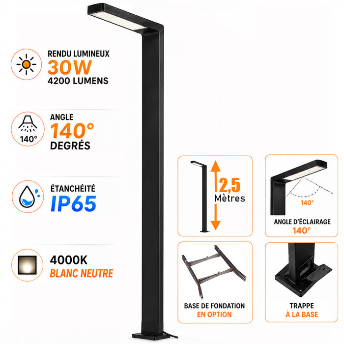 Lampe de rue / jardin filaire - Série MODERNA 30 - 30 Watts - 4200 Lumens - 140 Lumens/Watt - Angle 140° - IP65 - Hauteur 2,5 mètres - 250 x 40 x 10 cm - 4000K - Avec trappe - Base de fondation en option