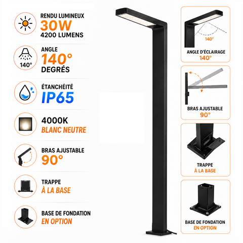 Lampe de rue / jardin filaire - Série MODERNA - 30 Watts - 4200 Lumens - 140 Lumens/Watt - Angle 140° - IP65 - 250 x 40 x 10 cm - 4000K - Bras ajustable 90° - Avec trappe - Base de fondation en option