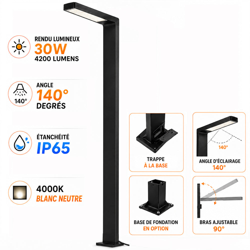 Lampe de rue / jardin filaire - Série MODERNA - 30 Watts - 4200 Lumens - 140 Lumens/Watt - Angle 140° - IP65 - 250 x 40 x 10 cm - 4000K - Bras ajustable 90° - Avec trappe - Base de fondation en option