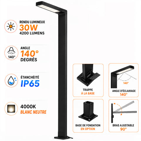 Lampe de rue / jardin filaire - Série MODERNA - 30 Watts - 4200 Lumens - 140 Lumens/Watt - Angle 140° - IP65 - 250 x 40 x 10 cm - 4000K - Bras ajustable 90° - Avec trappe - Base de fondation en option