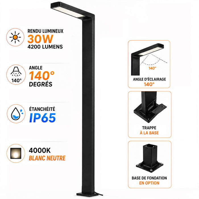 Lampe de rue / jardin filaire - Série MODERNA - 30 Watts - 4200 Lumens - 140 Lumens/Watt - Angle 140° - IP65 - 250 x 40 x 10 cm - 4000K - Avec trappe - Base de fondation en option
