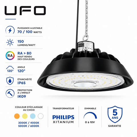 Lampe industrielle UFO - Série LIGHT V3 - Puissance ajustable 70 / 100 Watts - 15 000 Lumens - 150 Lumens/Watt - Angle 120° - IP65 - IK09 - 238 x 122 mm - 3000k / 4000k / 5000k / 6000k au choix - Dimmable 0-10V - Transformateur PHILIPS - Garantie 5 ans