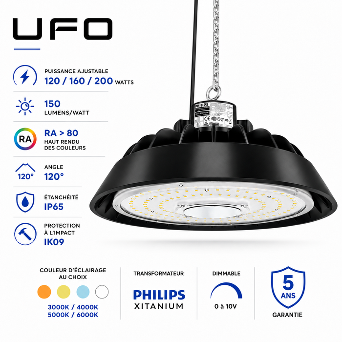 Lampe industrielle UFO - Série LIGHT V3 - Puissance ajustable 120 / 160 / 200 Watts - 30 000 Lumens - 150 Lumens/Watt - Angle 120° - IP65 - IK09 - 324 x 136 mm - 3000k/4000k/5000k/6000k au choix - Dimmable 0-10V - Transformateur PHILIPS - Garantie 5 ans