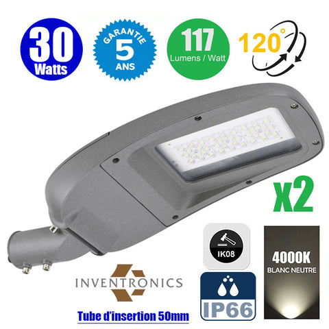 Pack de 2x Lampes de rue filaires - Série JPR - 30 Watts - 3500 Lumens - 117 Lumens/Watt - Angle 120° - IP66 - IK08 - 50 x 21 x 14 cm - Tube d'insertion 50mm - Support ajustable - 4000K - Couleur GRIS - Transformateur INVENTRONICS - Garantie 5 ans