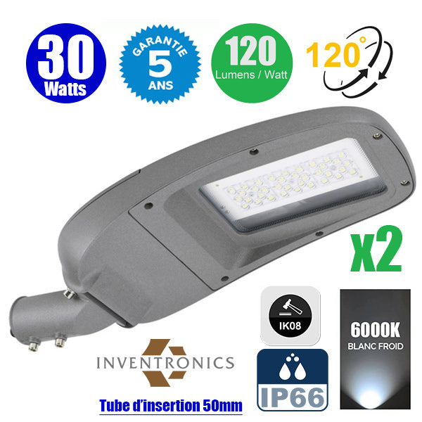 Pack de 2x Lampes de rue filaires - Série JPR - 30 Watts - 3600 Lumens - 120 Lumens/Watt - Angle 120° - IP66 - IK08 - 50 x 21 x 14 cm - Tube d'insertion 50mm - Support ajustable - 6000K - Couleur GRIS - Transformateur INVENTRONICS - Garantie 5 ans