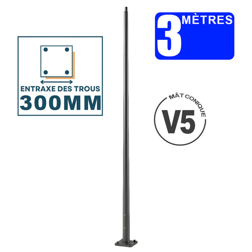 Mât / Poteau pour lampe de rue - Série CONIQUE V5 - 3 mètres avec trappe - Entraxe latéral des trous 300 x 300 mm - Couleur RAL au choix