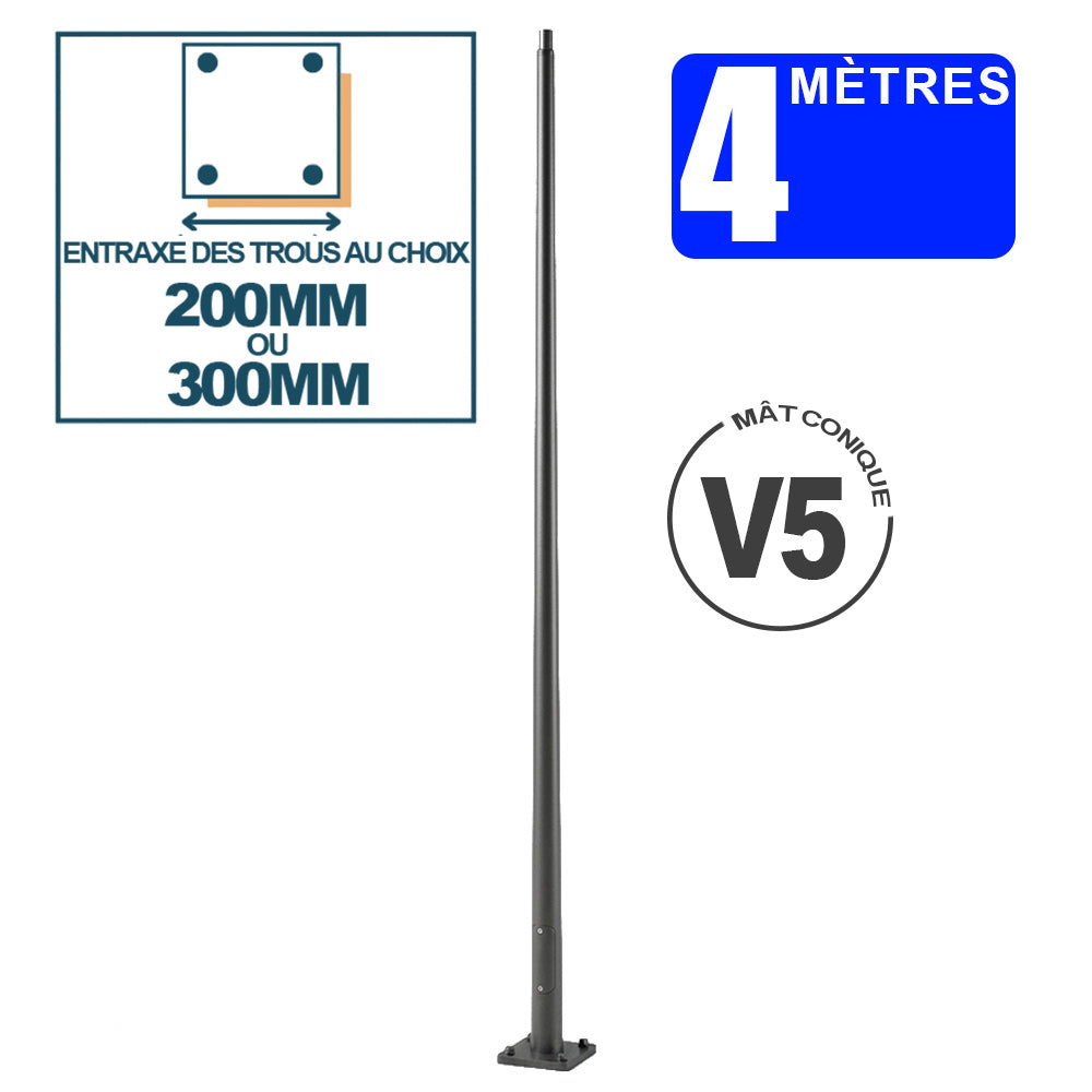 Mât / Poteau pour lampe de rue - Série CONIQUE V5 - 4 mètres avec trappe - Entraxe latéral des trous 200 x 200 mm ou 300 x 300 mm au choix - Diamètre du haut du mât 60mm ou 76 au choix - Couleur RAL au choix