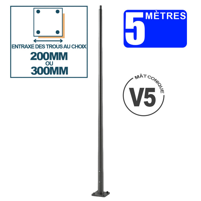 Mât / Poteau pour lampe de rue - Série CONIQUE V5 - 5 mètres avec trappe - Entraxe latéral des trous 200 x 200 mm ou 300 x 300 mm au choix - Diamètre du haut du mât 60mm ou 76 au choix - Couleur RAL au choix