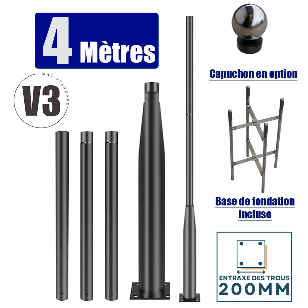 Mât / Poteau pour lampe de rue - Nouveau design - Série STANDARD V3 EVO - 4 mètres - Entraxe latéral des trous 200mm -  Couleur NOIR - Finition épurée - Base de fondation incluse - Capuchon en option