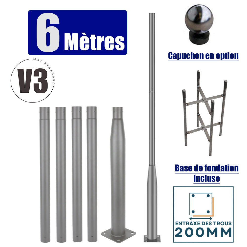 Mât / Poteau pour lampe de rue - Nouveau design - Série STANDARD V3 EVO - 6 mètres - Entraxe latéral des trous 200mm - Couleur GRIS - Finition épurée - Base de fondation incluse - Capuchon en option