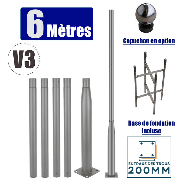 Mât / Poteau pour lampe de rue - Nouveau design - Série STANDARD V3 EVO - 6 mètres - Entraxe latéral des trous 200mm - Couleur GRIS - Finition épurée - Base de fondation incluse - Capuchon en option