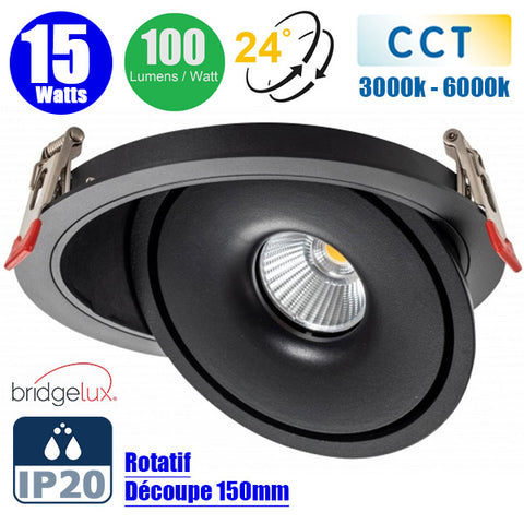 Spot LED COB encastrable intérieur Rond - Filaire - CCT (Couleur Changeante en Température) - 15 Watts - 1500 Lumens - 100 Lumens/Watt - Angle 24° - IP20 -  Dimensions 167 x 50 mm - Découpe 150mm - Rotatif - Modèle NOIR