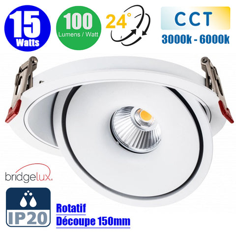 Spot LED COB encastrable intérieur Rond - Filaire - CCT (Couleur Changeante en Température) - 15 Watts - 1500 Lumens - 100 Lumens/Watt - Angle 24° - IP20 -  Dimensions 167 x 50 mm - Découpe 150mm - Rotatif - Modèle BLANC