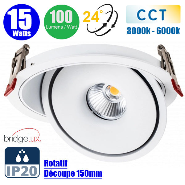 Spot LED COB encastrable intérieur Rond - Filaire - CCT (Couleur Changeante en Température) - 15 Watts - 1500 Lumens - 100 Lumens/Watt - Angle 24° - IP20 -  Dimensions 167 x 50 mm - Découpe 150mm - Rotatif - Modèle BLANC