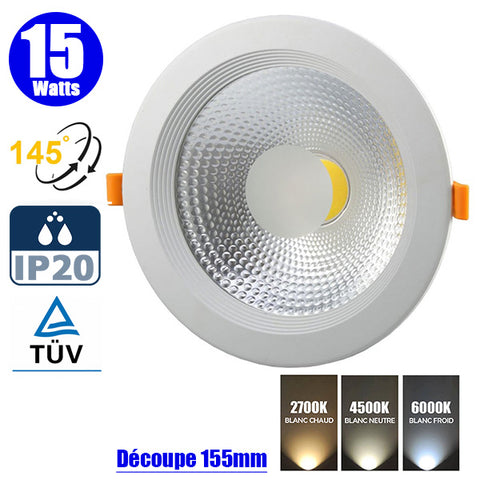 Spot LED COB encastrable intérieur rond - Filaire - 15 Watts - 1200 Lumens - 80 Lumens/Watt - Angle 145° - IP20 - Dimensions 168 x 73 mm - Découpe 155 mm - 2700K/4500K/6000K au choix - Certifié TUV