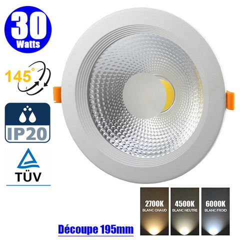 Spot LED COB encastrable intérieur rond - Filaire - 30 Watts - 2500 Lumens - 80 Lumens/Watt - Angle 145° - IP20 - Dimensions 225 x 78 mm - Découpe 195 mm - 2700K/4500K/6000K au choix - Certifié TUV