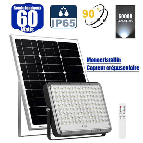 Projecteur LED solaire - Série PERFORMANCE V2 - 60 Watts - 800 Lumens - Angle 90° - IP65 - Lampe 17 x 13 x 4 cm - Panneau MONOCRISTALLIN 21 x 20 x 2 cm - Avec télécommande - Capteur crépusculaire - 6000k
