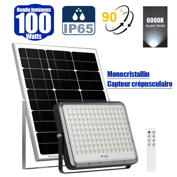 Projecteur LED solaire - Série PERFORMANCE V2 - 100 Watts - 1200 Lumens - Angle 90° - IP65 - Lampe 23 x 17 x 4 cm - Panneau MONOCRISTALLIN 34 x 21 x 2 cm - Avec télécommande - Capteur crépusculaire - 6000k
