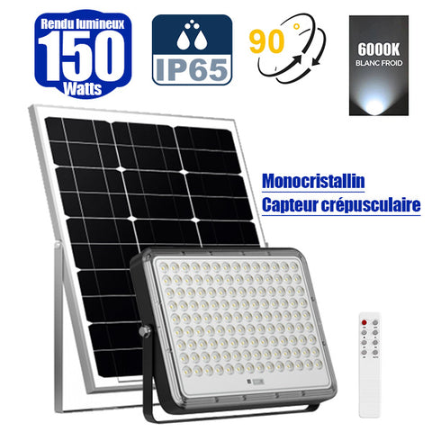 Projecteur LED solaire - Série PERFORMANCE V2 - 150 Watts - 2000 Lumens - Angle 90° - IP65 - Lampe 23 x 17 x 4 cm - Avec télécommande - Capteur crépusculaire - 6000k