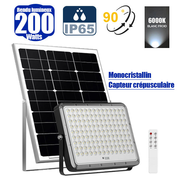 Projecteur LED solaire - Série PERFORMANCE V2 - 200 Watts - 2600 Lumens - Angle 90° - IP65 - Lampe 23 x 17 x 4 cm - Avec télécommande - Capteur crépusculaire - 6000k