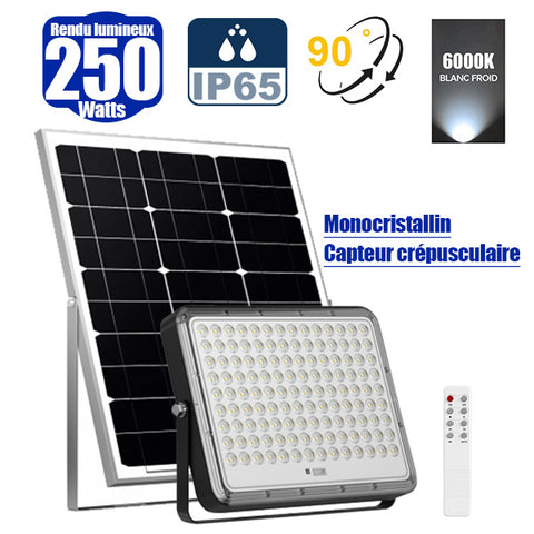 Projecteur LED solaire - Série PERFORMANCE V2 - 250 Watts - 3200 Lumens - Angle 90° - IP65 - Lampe 30 x 23 x 4 cm - Avec télécommande - Capteur crépusculaire - 6000k