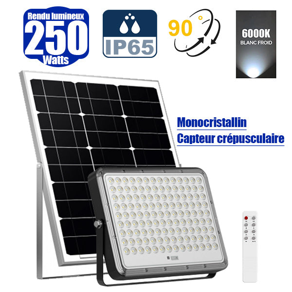 Projecteur LED solaire - Série PERFORMANCE V2 - 250 Watts - 3200 Lumens - Angle 90° - IP65 - Lampe 30 x 23 x 4 cm - Avec télécommande - Capteur crépusculaire - 6000k