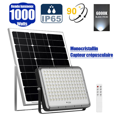 Projecteur LED solaire - Série PERFORMANCE V2 - 1000 Watts - 4800 Lumens - Angle 90° - IP65 - Lampe 30 x 23 x 4 cm - Avec télécommande - Capteur crépusculaire - 6000k