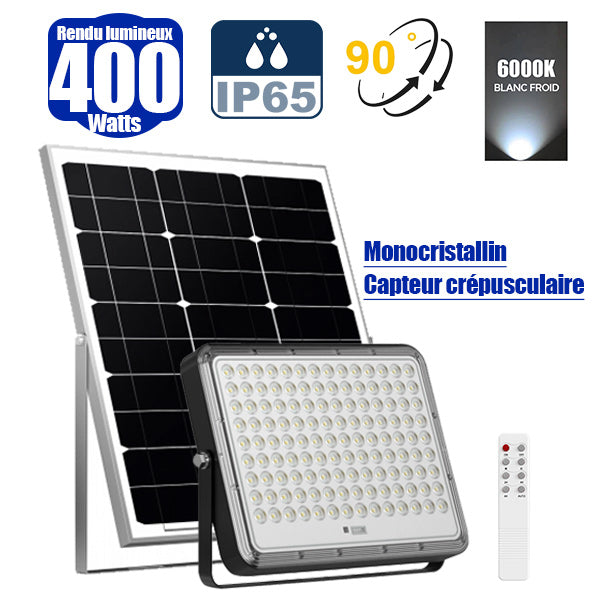 Projecteur LED solaire - Série PERFORMANCE V2 - 400 Watts - 4800 Lumens - Angle 90° - IP65 - Lampe 30 x 23 x 4 cm - Avec télécommande - Capteur crépusculaire - 6000k