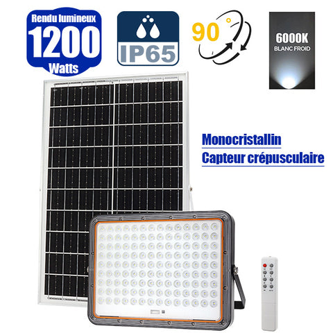 Projecteur LED solaire - Série PERFORMANCE V2 - 1200 Watts - 6000 Lumens - Angle 90° - IP65 - Lampe 30 x 23 x 4 cm - Avec télécommande - Capteur crépusculaire - 6000k