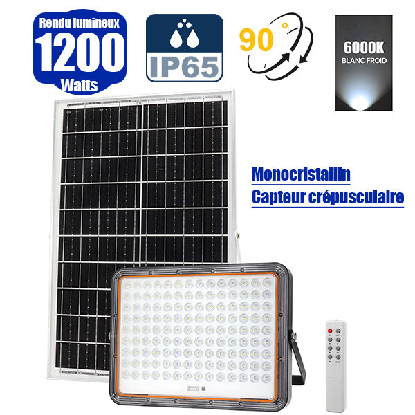 Projecteur LED solaire - Série PERFORMANCE V2 - 1200 Watts - 6000 Lumens - Angle 90° - IP65 - Lampe 30 x 23 x 4 cm - Avec télécommande - Capteur crépusculaire - 6000k