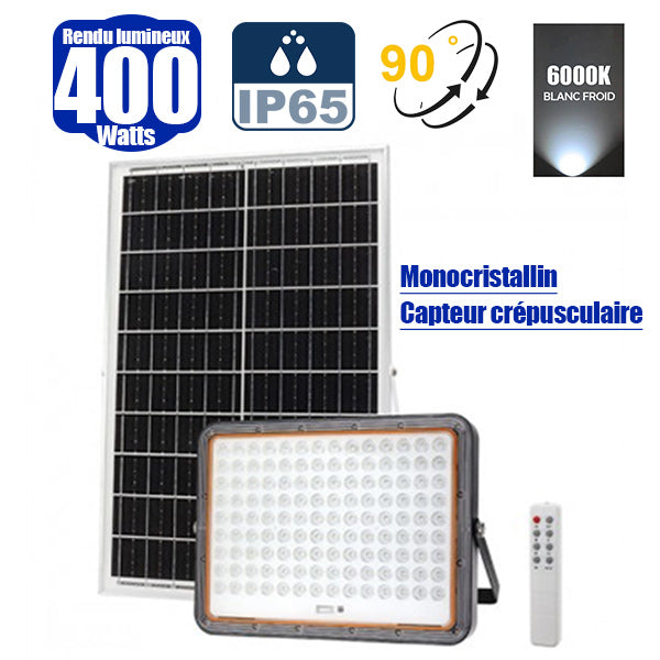 Projecteur LED solaire - Série PERFORMANCE V2 - 400 Watts - 6000 Lumens - Angle 90° - IP65 - Lampe 30 x 23 x 4 cm - Avec télécommande - Capteur crépusculaire - 6000k