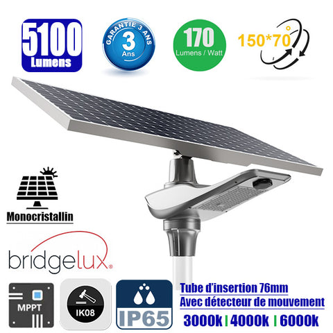 Lampe de rue solaire - Série OPIUM - 30 Watts - 5100 Lumens - 170 Lumens/Watt - Angle 150x70°- IP65 - IK08 - Structure en ALUMINIUM - 72 x 32 x 31 cm - Tube d'insertion 76mm - Régulateur MPPT - Avec détecteur de mouvement - Garantie 3 ans