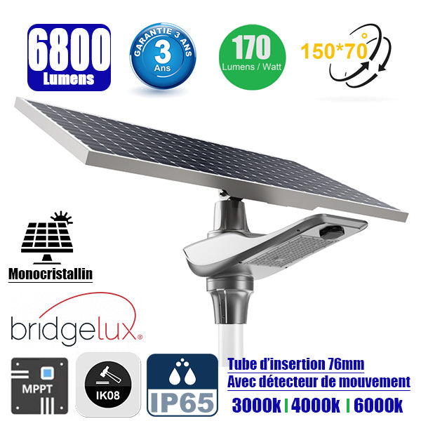 Lampe de rue solaire - Série OPIUM - 40 Watts - 6800 Lumens - 170 Lumens/Watt - Angle 150x70°- IP65 - IK08 - Structure en ALUMINIUM - 72 x 32 x 31 cm - Tube d'insertion 76mm - Régulateur MPPT - Avec détecteur de mouvement - Garantie 3 ans