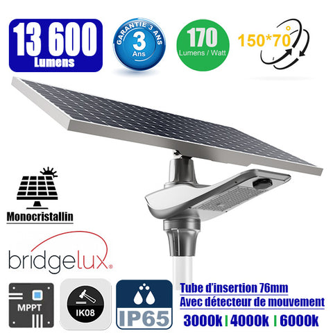 Lampe de rue solaire - Série OPIUM - 80 Watts - 13 600 Lumens - 170 Lumens/Watt - Angle 150x70°- IP65 - IK08 - Structure en ALUMINIUM - 72 x 34 x 32 cm - Tube d'insertion 76mm - Régulateur MPPT - Avec détecteur de mouvement - Garantie 3 ans