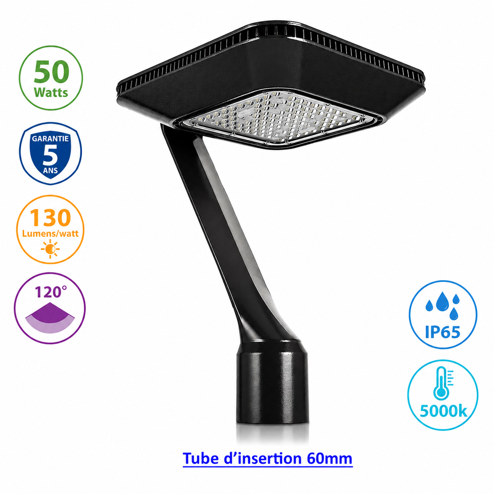 Lampe de jardin / Parking - Filaire - Série OVALI ALEN - 50 Watts - 6500 Lumens - 130 Lumens/watt - IP65 - 120° ajustable - 34 x 29 x 24 cm - 5000K - Structure en ALUMINIUM - Tube d’insertion 60mm - Garantie 5 ans