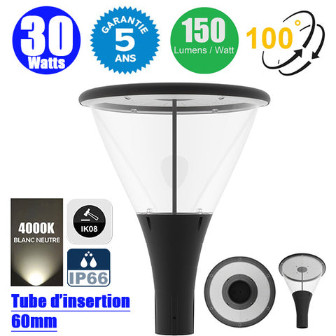 Lampe de jardin / Parking - Filaire - Série OVALI GARDEN - 30 Watts - 4500 Lumens - 150 Lumens/Watt - Angle 100° - IP66 - IK08 - 57 x 45 cm - 4000K  - Tube d’insertion 60mm - Garantie 5 ans