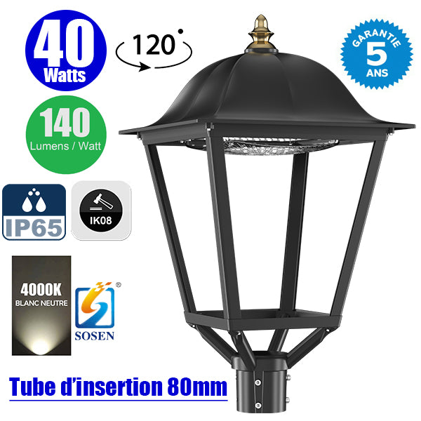 Lampe de jardin filaire - Série OVALI RETRO - 40 Watts - 5600 Lumens - 140 Lumens/Watt - IK08 - IP65 - 120° – 4000k - Transformateur SOSEN - Tube d’insertion 80 mm - 70 x 40 x 40 cm - Avec couvercle anti-éblouissement -  Garantie 5 ans