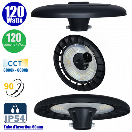 Lampe jardin / Parking - Filaire - CCT (Couleur Changeante en Température) - Série OVALI UFO - 120 Watts - 14 400 Lumens - 120 Lumens/Watt - Angle 90° - IP54 -  38 x 12 cm - Structure en Aluminium - Tube d'insertion 60mm