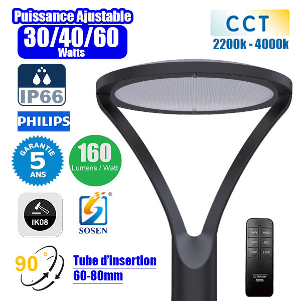 Lampe de jardin filaire - OVALI ULTRA CCT - Puissance ajustable 30 / 40 / 60 Watts - Jusqu'à 9600 Lumens - 160 Lumens/Watt - IK08 - IP66 - Angle 90° - Tube d’insertion 60 / 80mm - Transformateur SOSEN - 54 x 42 x 42 cm - Garantie 5 ans