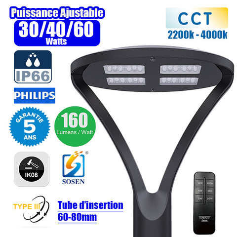 Lampe de jardin filaire - OVALI ULTRA CCT - Puissance ajustable 30 / 40 / 60 Watts - Jusqu'à 9600 Lumens - 160 Lumens/Watt - IK08 - IP66 - Angle Type III - Tube d’insertion 60 / 80mm - Transformateur SOSEN - 54 x 42 x 42 cm - Garantie 5 ans